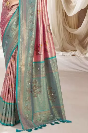 Pink blue silk blend embroidered kanchipuram silk blend Saree with blouse 
