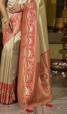 Cream red silk blend embroidered traditional Saree with blouse  3