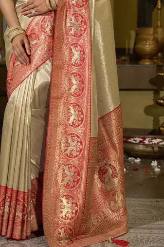 Cream red silk blend embroidered traditional Saree with blouse 