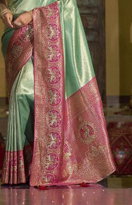 Pista green magenta silk blend embroidered traditional Saree with blouse  3