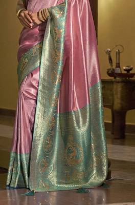 Pink green silk blend embroidered traditional Saree with blouse  3