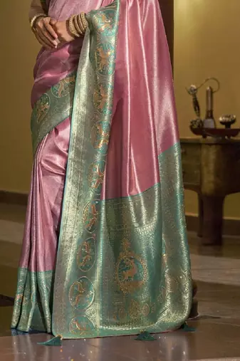 Pink green silk blend embroidered traditional Saree with blouse 