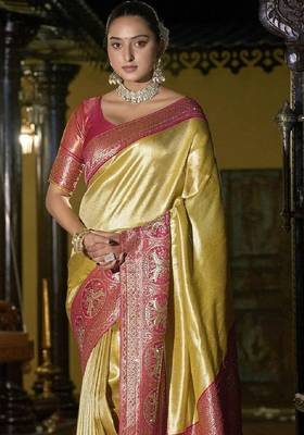 Gold pink silk blend embroidered traditional Saree with blouse  2