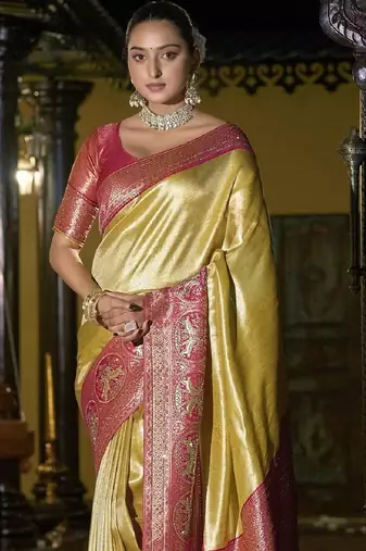 Gold pink silk blend embroidered traditional Saree with blouse 