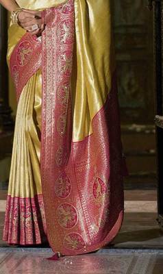 Gold pink silk blend embroidered traditional Saree with blouse  3