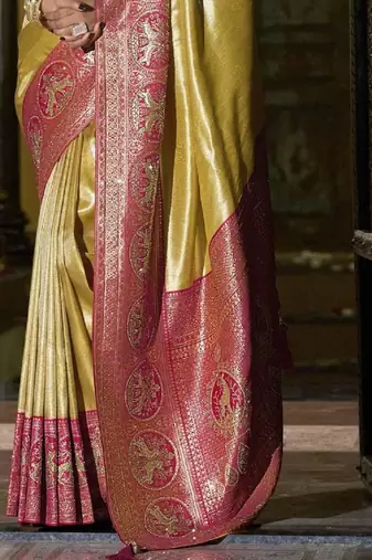 Gold pink silk blend embroidered traditional Saree with blouse 