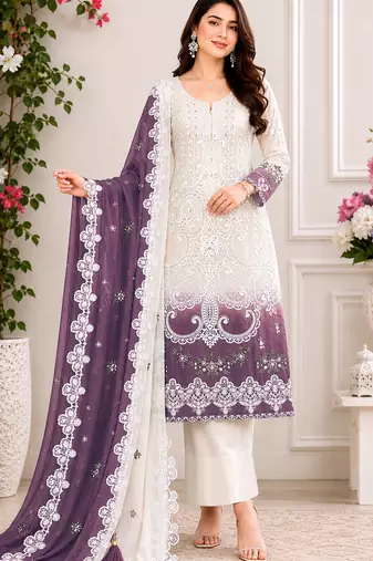 White and purple embroidered georgette semi-stitched pakistani salwar suit