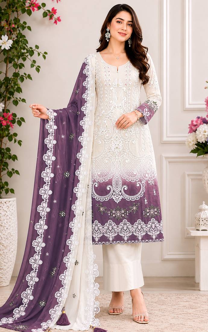 White and purple embroidered georgette semi-stitched pakistani salwar suit