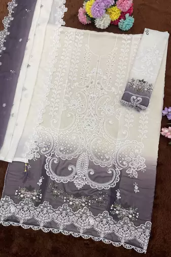 White and purple embroidered georgette semi-stitched pakistani salwar suit
