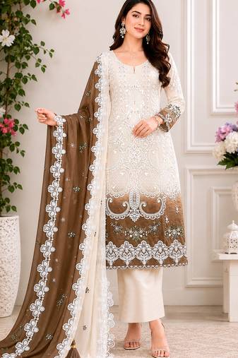 White and brown embroidered georgette semi-stitched pakistani salwar suit