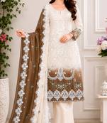 White and brown embroidered georgette semi-stitched pakistani salwar suit