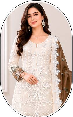 White and brown embroidered georgette semi-stitched pakistani salwar suit 2