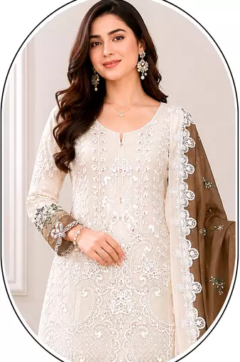 White and brown embroidered georgette semi-stitched pakistani salwar suit