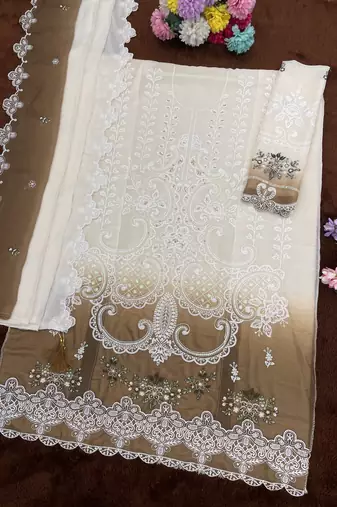 White and brown embroidered georgette semi-stitched pakistani salwar suit