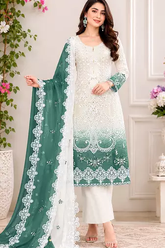 White and pine green embroidered georgette semi-stitched pakistani salwar suit