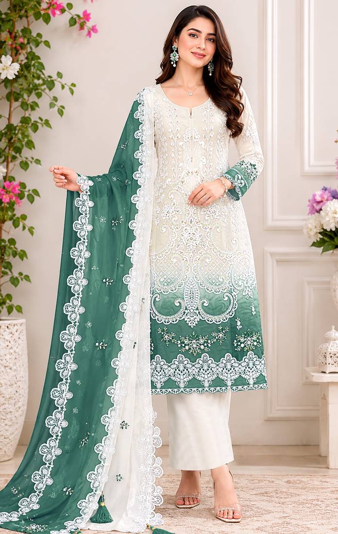 White and pine green embroidered georgette semi-stitched pakistani salwar suit