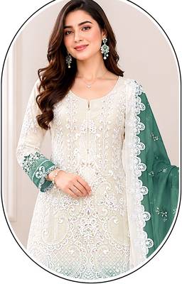 White and pine green embroidered georgette semi-stitched pakistani salwar suit 2