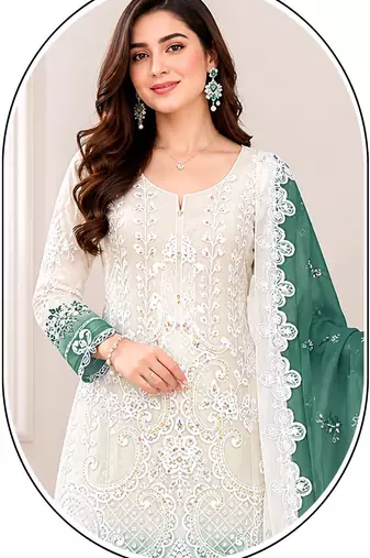 White and pine green embroidered georgette semi-stitched pakistani salwar suit