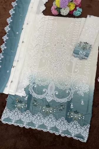 White and pine green embroidered georgette semi-stitched pakistani salwar suit