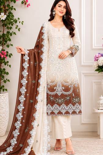 White and chocolate brown embroidered georgette semi-stitched pakistani salwar suit