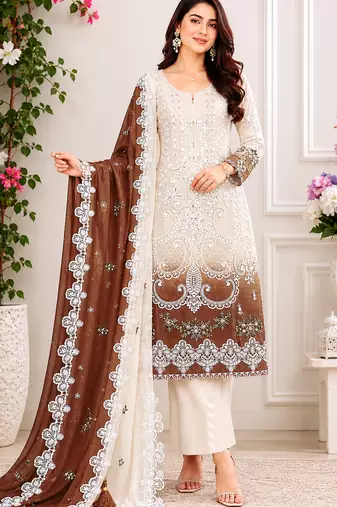 White and chocolate brown embroidered georgette semi-stitched pakistani salwar suit