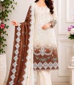 White and chocolate brown embroidered georgette semi-stitched pakistani salwar suit