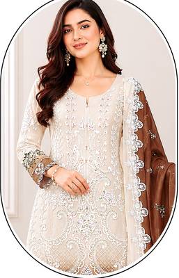 White and chocolate brown embroidered georgette semi-stitched pakistani salwar suit 2