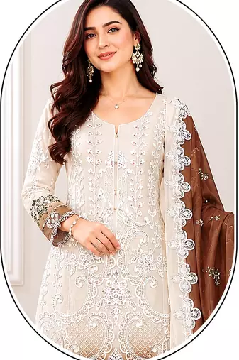 White and chocolate brown embroidered georgette semi-stitched pakistani salwar suit