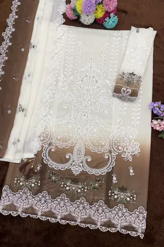 White and chocolate brown embroidered georgette semi-stitched pakistani salwar suit