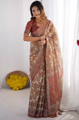 Brown color ready to wear saree with unstich blouse