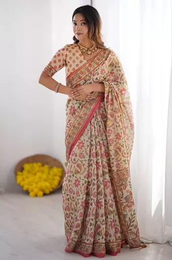 Cream color ready to wear saree with unstich blouse