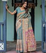 Aqua blue color ready to wear saree with unstich blouse