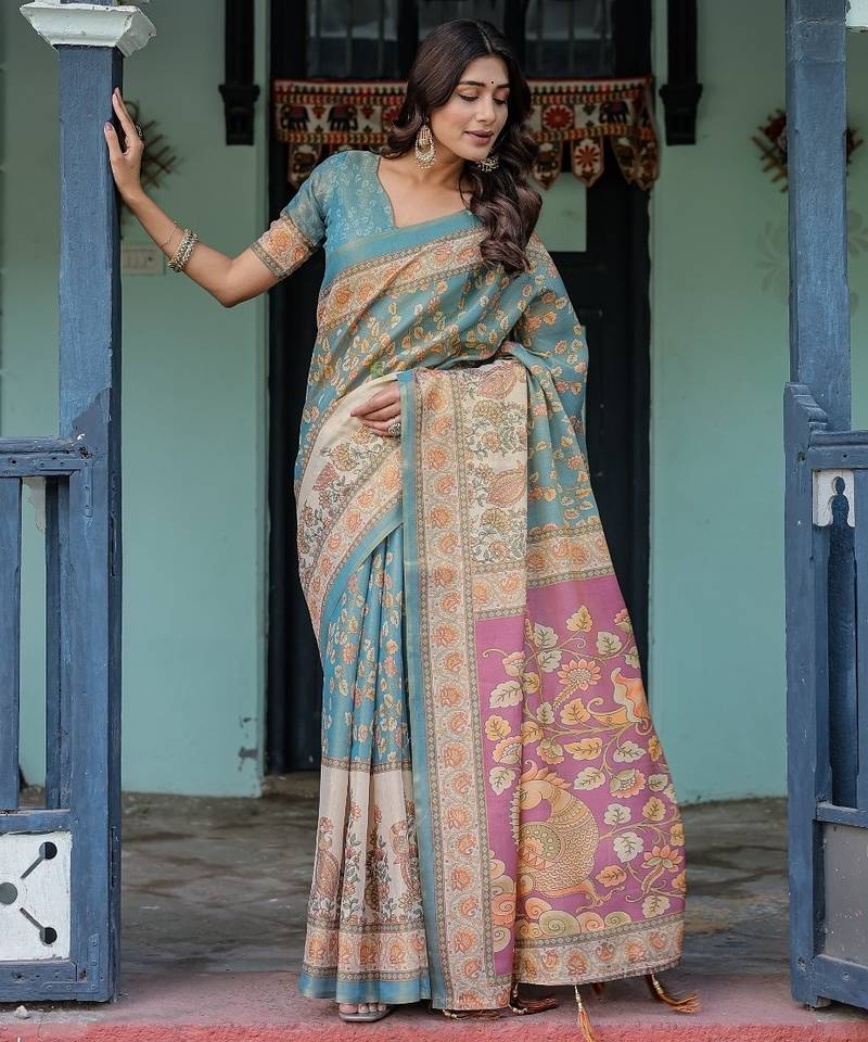Aqua blue color ready to wear saree with unstich blouse
