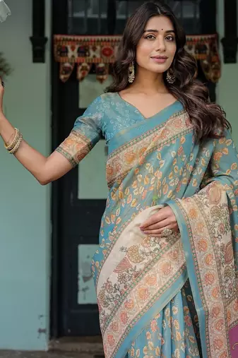Aqua blue color ready to wear saree with unstich blouse