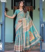 Teal blue color ready to wear saree with unstich blouse
