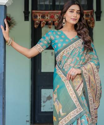 Teal blue color ready to wear saree with unstich blouse 2