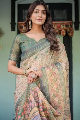 Beige color ready to wear saree with unstich blouse
