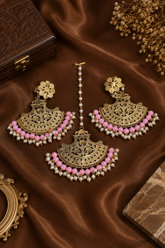 Pink Accent Traditional Earrings & Maang Tikka