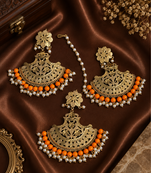 Orange accent traditional earrings & maang tikka