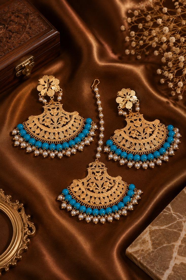 Artisan blue accent earrings & tikka set
