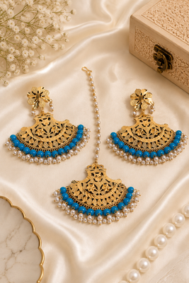 Artisan blue accent earrings & tikka set 2