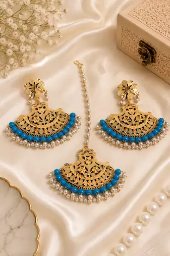 Artisan blue accent earrings & tikka set