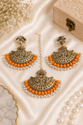 Orange accent traditional earrings & maang tikka 2