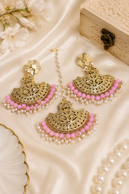 Pink Accent Traditional Earrings & Maang Tikka 2