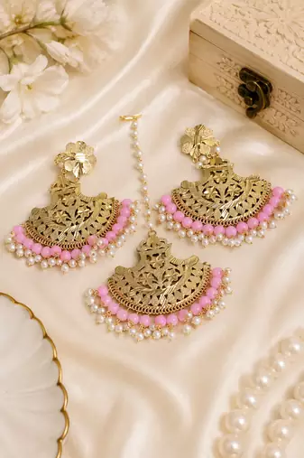 Pink Accent Traditional Earrings & Maang Tikka