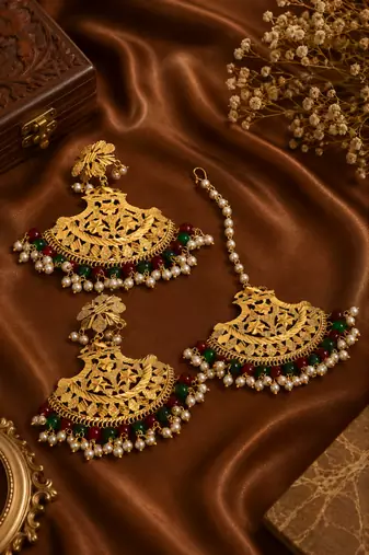 Heritage emerald ruby bead earrings tikka set