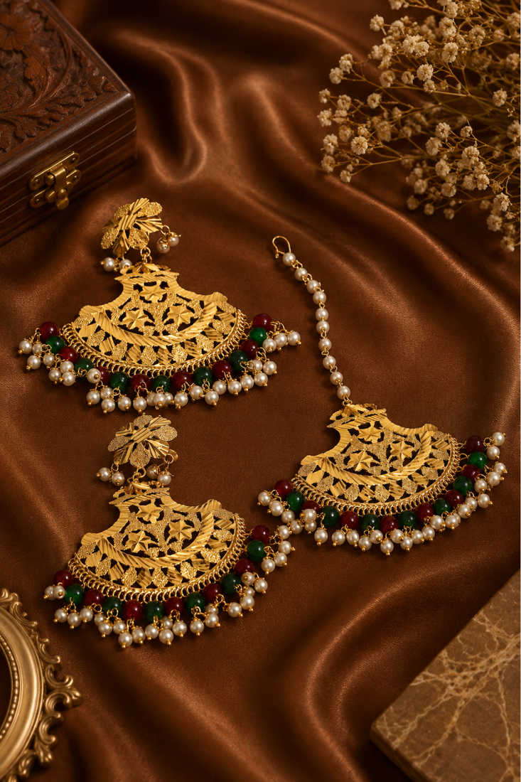 Heritage emerald ruby bead earrings tikka set