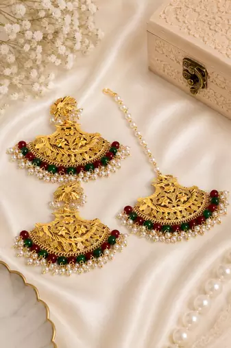 Heritage emerald ruby bead earrings tikka set