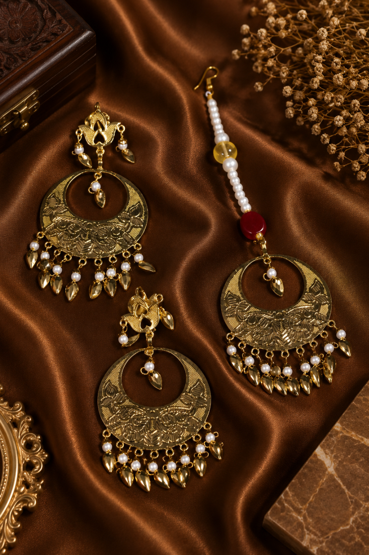 Elegant pearl accent earrings tikka set