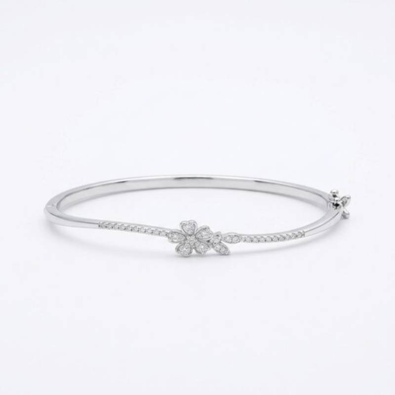 925 Sterling Silver Floral CZ Bangle Bracelet for Women | Cubic Zirconia Flower Bracelet Jewelry